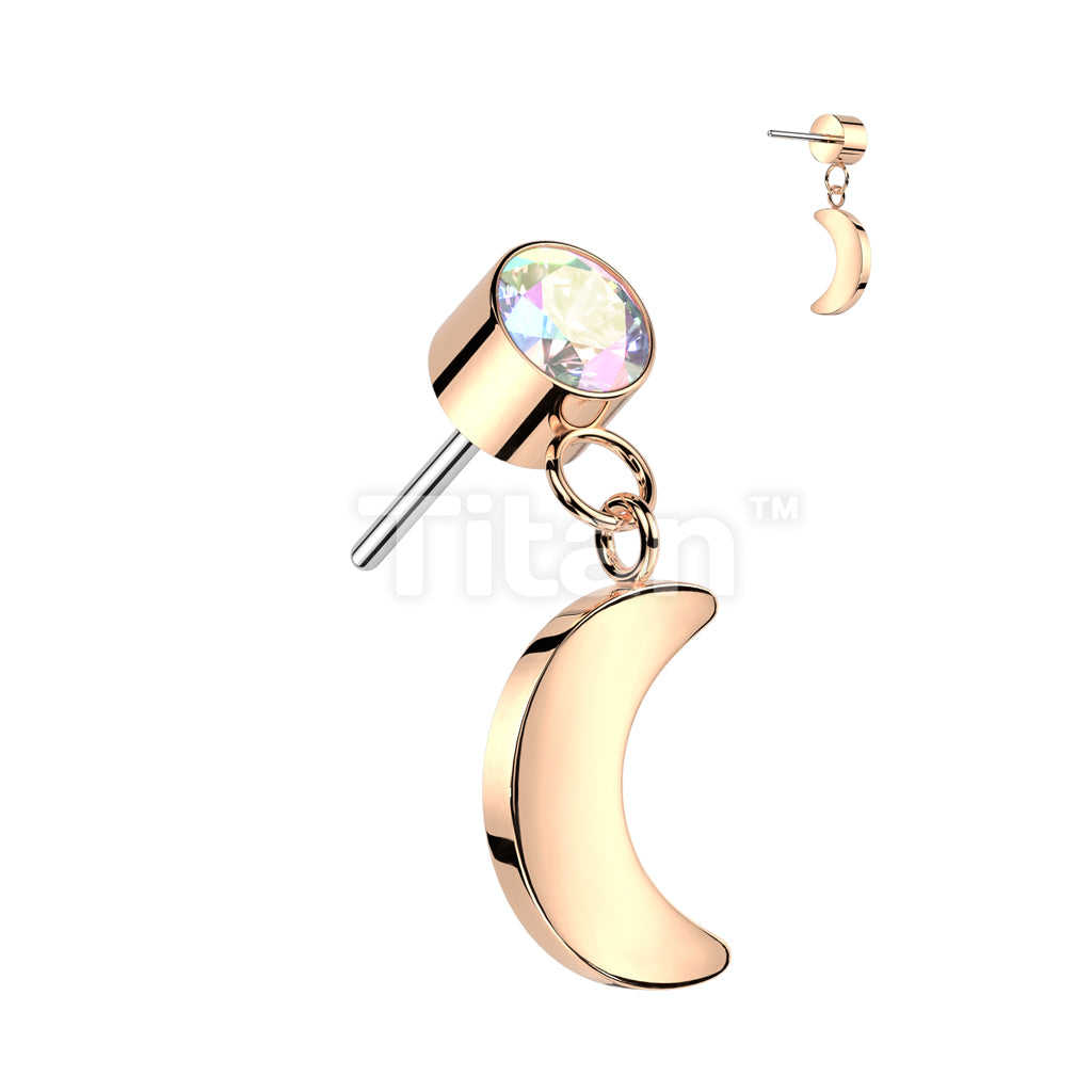 Implant Grade Titanium Threadless Push In Round Bezel Set CZ With Crescent Moon Dangle Top - Image 4