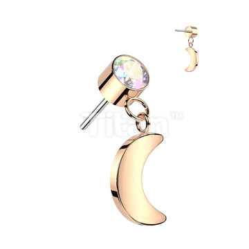 Implant Grade Titanium Threadless Push In Round Bezel Set CZ With Crescent Moon Dangle Top - Image 4