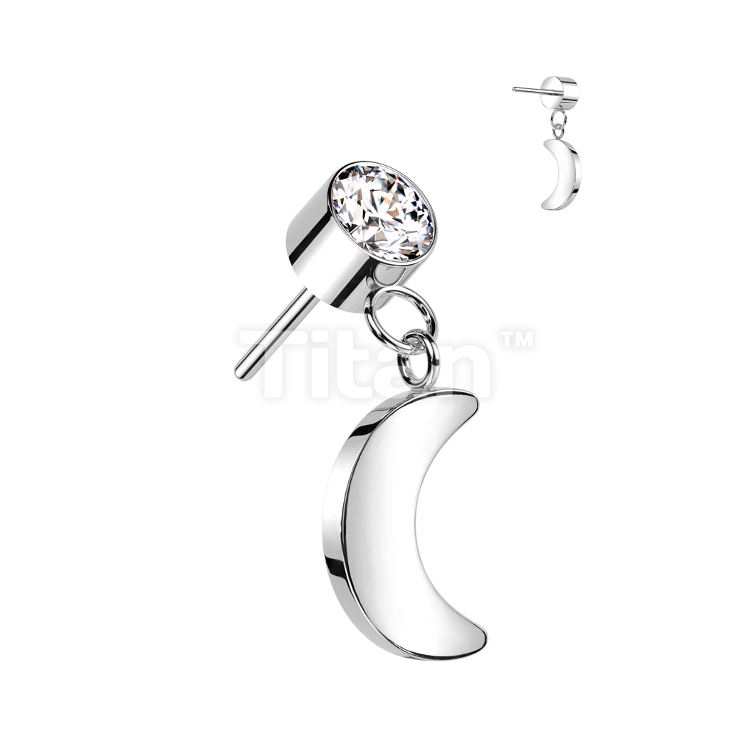 Implant Grade Titanium Threadless Push In Round Bezel Set CZ With Crescent Moon Dangle Top - Image 5