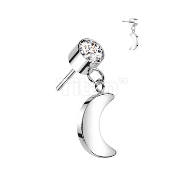 Implant Grade Titanium Threadless Push In Round Bezel Set CZ With Crescent Moon Dangle Top - Image 5