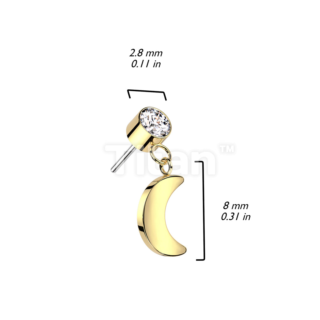 Implant Grade Titanium Threadless Push In Round Bezel Set CZ With Crescent Moon Dangle Top - Image 6