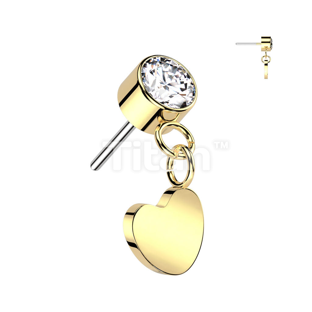 Implant Grade Titanium Threadless Push In Round Bezel Set CZ With Heart Dangle Top - Image 2