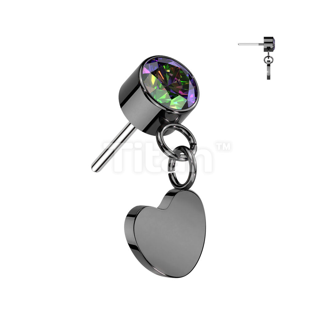 Implant Grade Titanium Threadless Push In Round Bezel Set CZ With Heart Dangle Top - Image 3