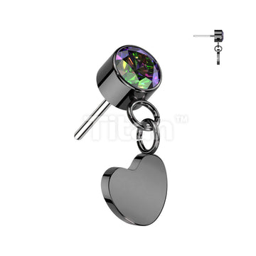 Implant Grade Titanium Threadless Push In Round Bezel Set CZ With Heart Dangle Top - Image 3