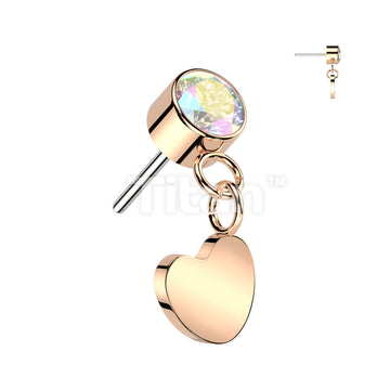Implant Grade Titanium Threadless Push In Round Bezel Set CZ With Heart Dangle Top - Image 4