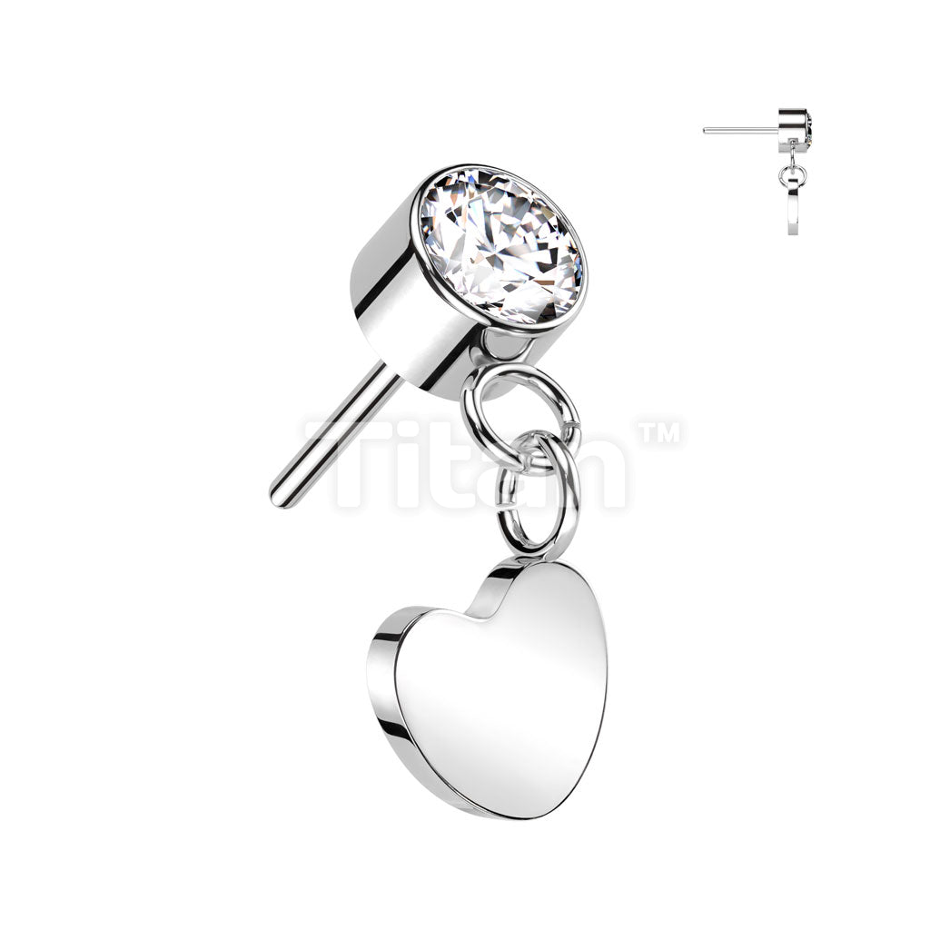 Implant Grade Titanium Threadless Push In Round Bezel Set CZ With Heart Dangle Top - Image 5