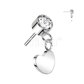 Implant Grade Titanium Threadless Push In Round Bezel Set CZ With Heart Dangle Top - Image 5