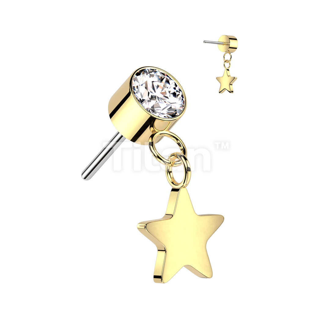 Implant Grade Titanium Threadless Push In Round Bezel Set CZ With Star Dangle Top - Image 2