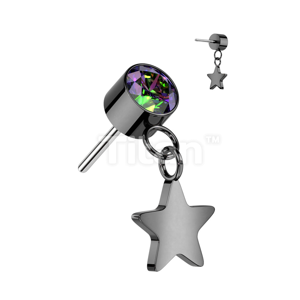 Implant Grade Titanium Threadless Push In Round Bezel Set CZ With Star Dangle Top - Image 3