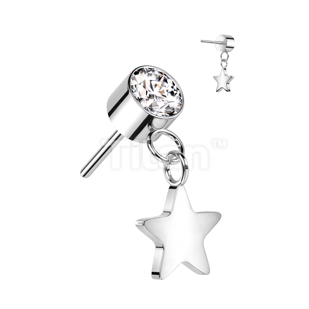 Implant Grade Titanium Threadless Push In Round Bezel Set CZ With Star Dangle Top - Image 5