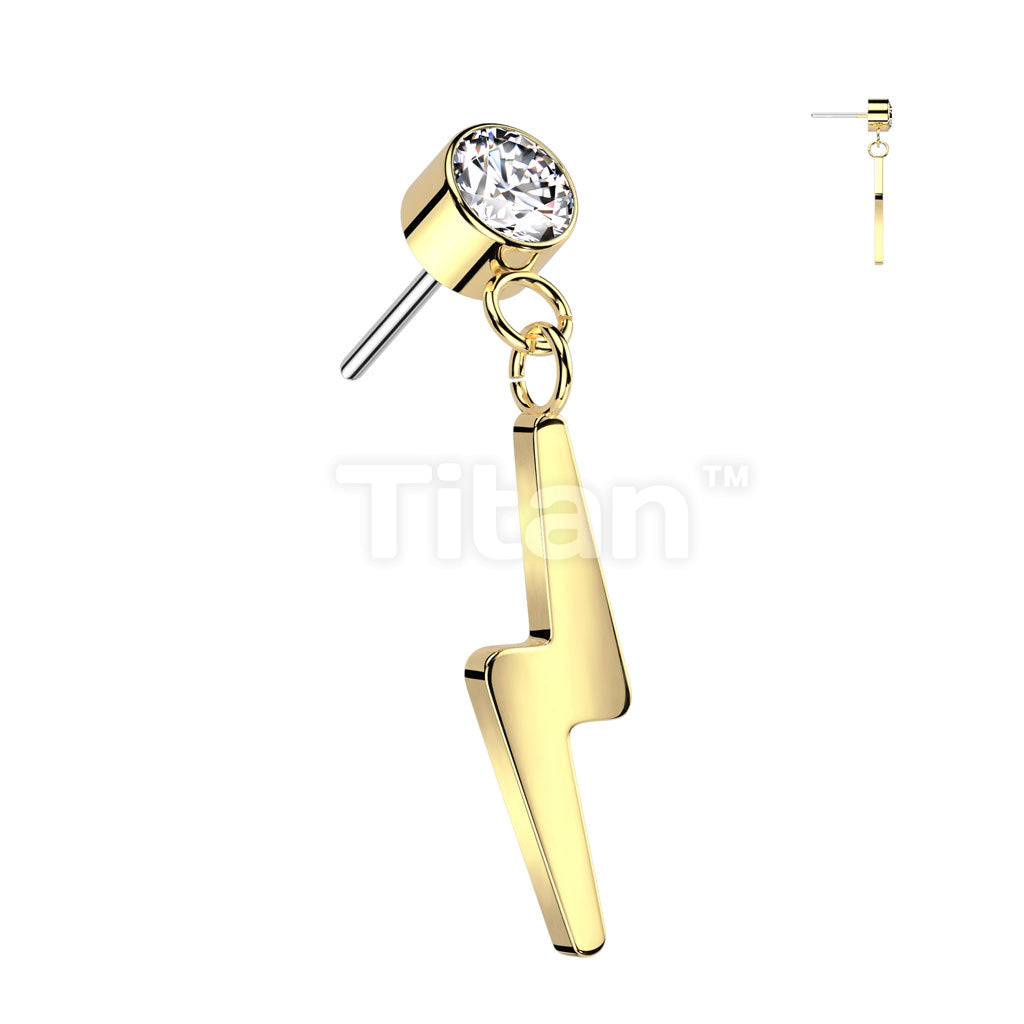 Implant Grade Titanium Threadless Push In Round Bezel Set CZ With Lightning Bolt Dangle Top - Image 2