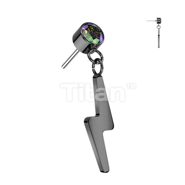Implant Grade Titanium Threadless Push In Round Bezel Set CZ With Lightning Bolt Dangle Top - Image 3