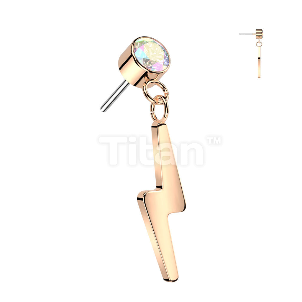 Implant Grade Titanium Threadless Push In Round Bezel Set CZ With Lightning Bolt Dangle Top - Image 4
