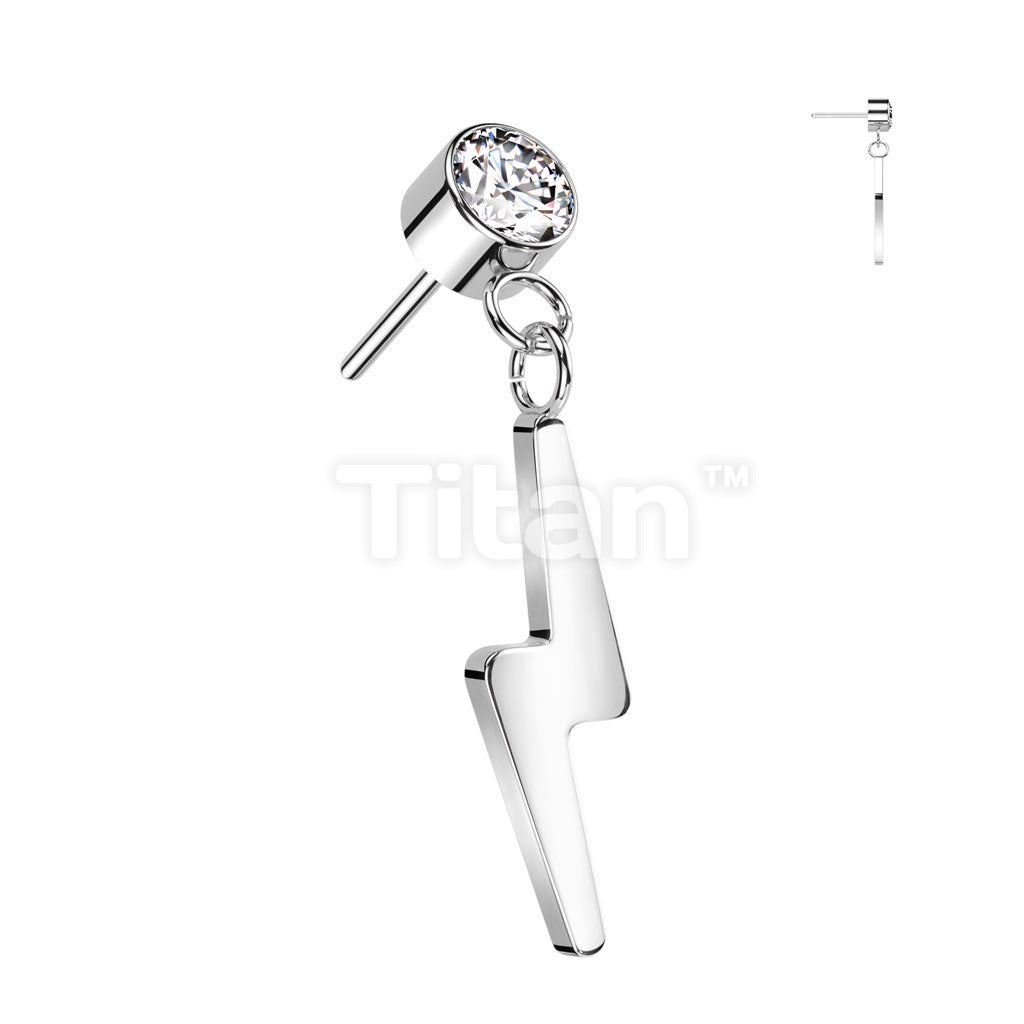 Implant Grade Titanium Threadless Push In Round Bezel Set CZ With Lightning Bolt Dangle Top - Image 5