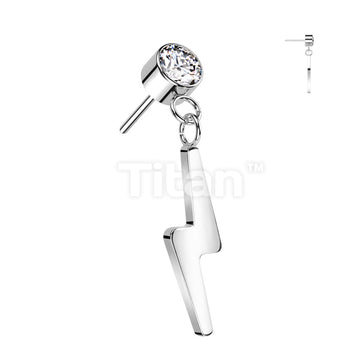 Implant Grade Titanium Threadless Push In Round Bezel Set CZ With Lightning Bolt Dangle Top - Image 5