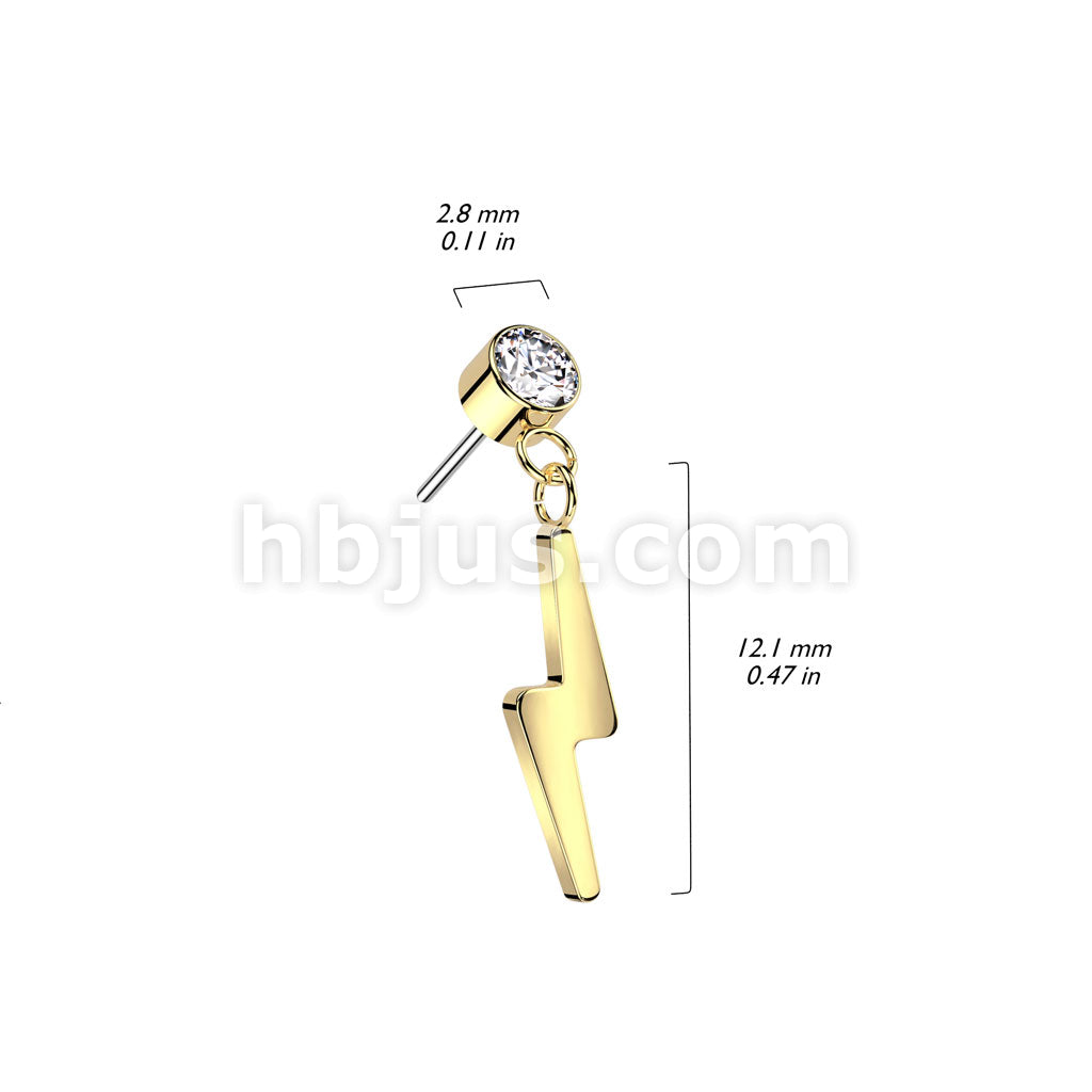 Implant Grade Titanium Threadless Push In Round Bezel Set CZ With Lightning Bolt Dangle Top - Image 6