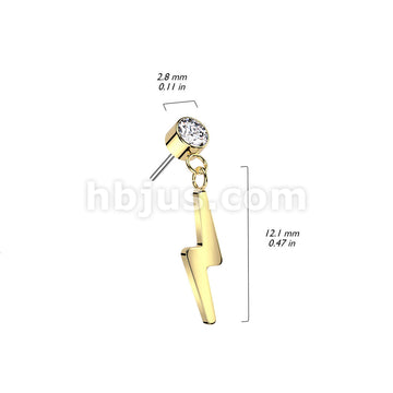 Implant Grade Titanium Threadless Push In Round Bezel Set CZ With Lightning Bolt Dangle Top - Image 6