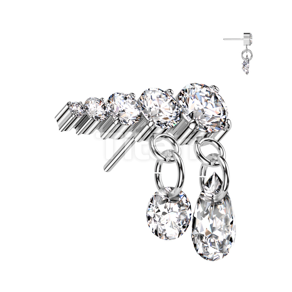 Implant Grade Titanium Threadless Push In Prong Set Descending 5 CZ Line Top With 2 Dangling CZ's - Image 3