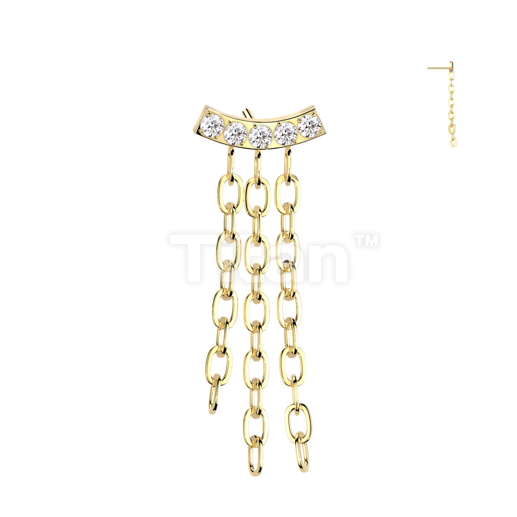 Implant Grade Titanium Threadless Push In CNC CZ Set Curve Top With Triple Chain Dangle - Image 2