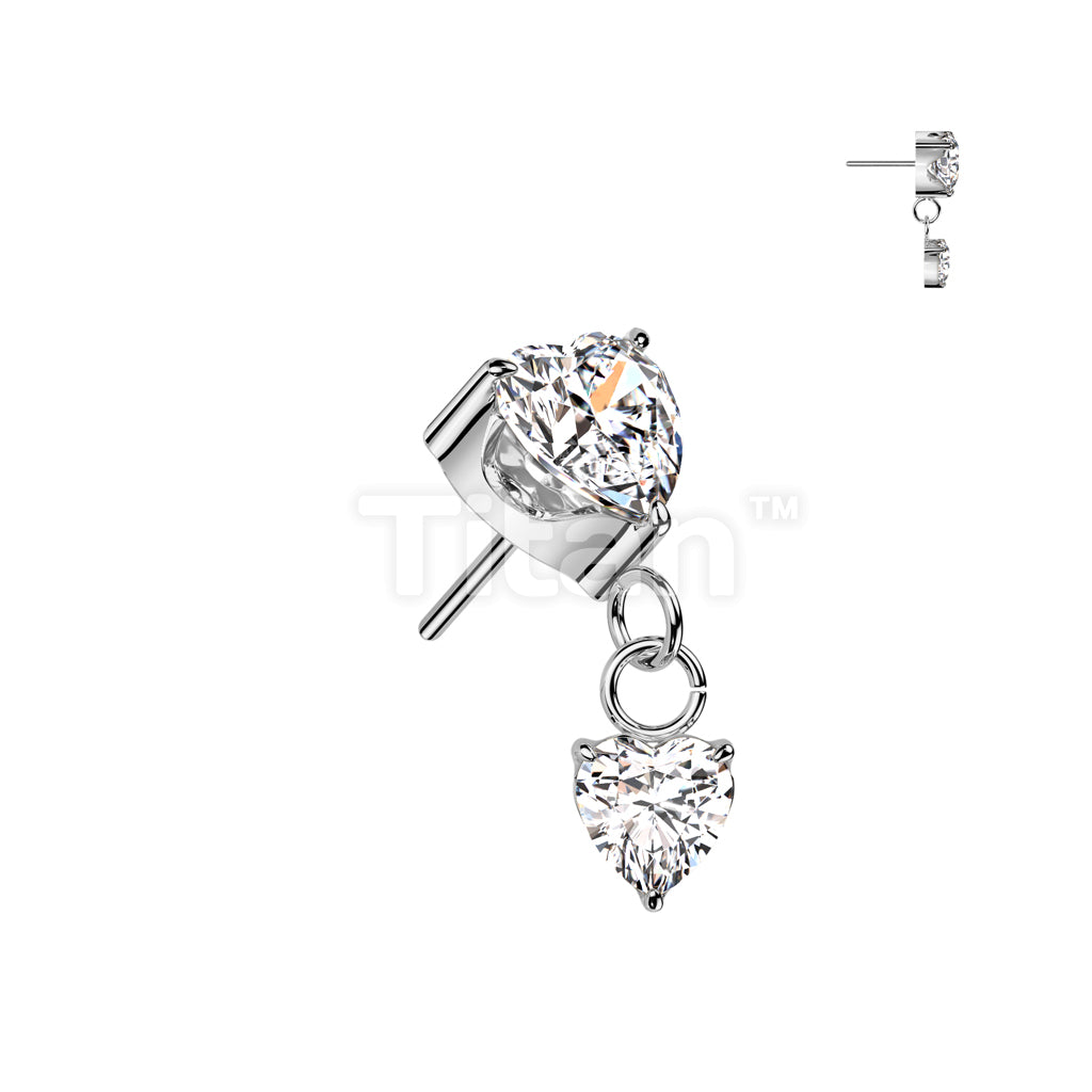 Implant Grade Titanium Threadless Push In Prong Set Heart CZ Top With Prong Set Heart CZ Dangle - Image 2