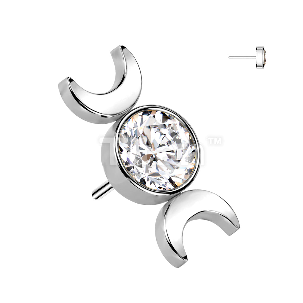 Implant Grade Titanium Threadless Push In Round Bezel Set CZ Top With Double Crescent Moon - Image 2