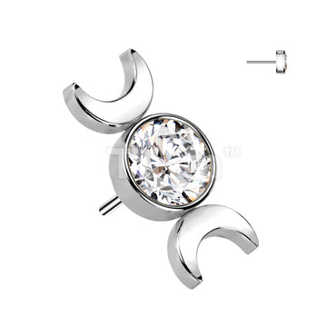 Implant Grade Titanium Threadless Push In Round Bezel Set CZ Top With Double Crescent Moon - Image 2