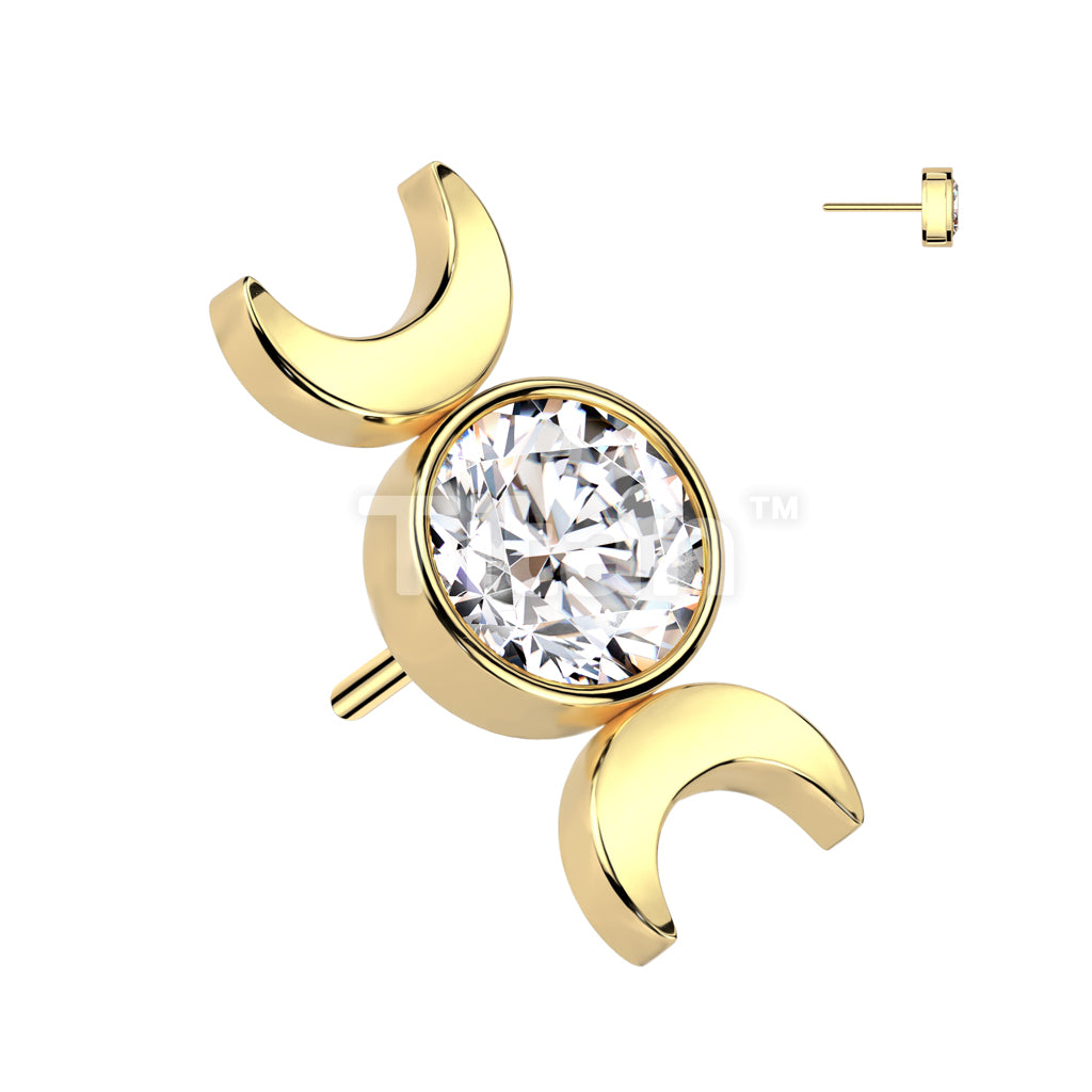Implant Grade Titanium Threadless Push In Round Bezel Set CZ Top With Double Crescent Moon - Image 3