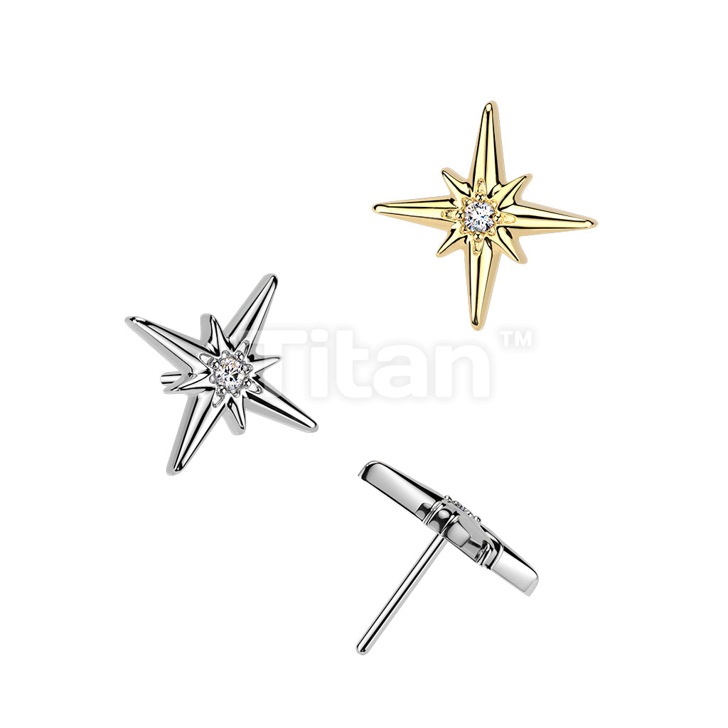 Titanium Threadless Push In Top CZ Centered Starburst