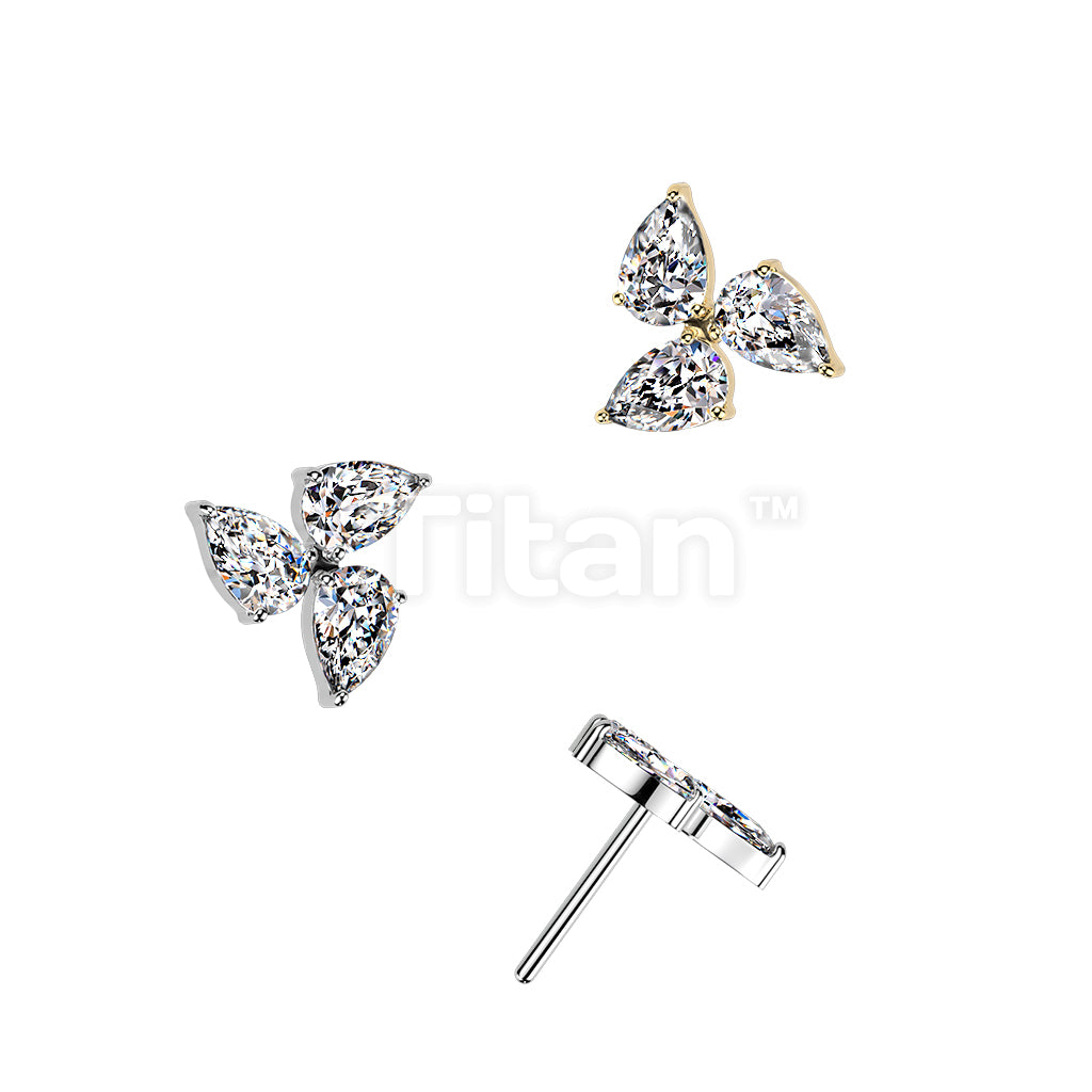 Titanium Threadless Push In Top Pear CZ Pin Wheel