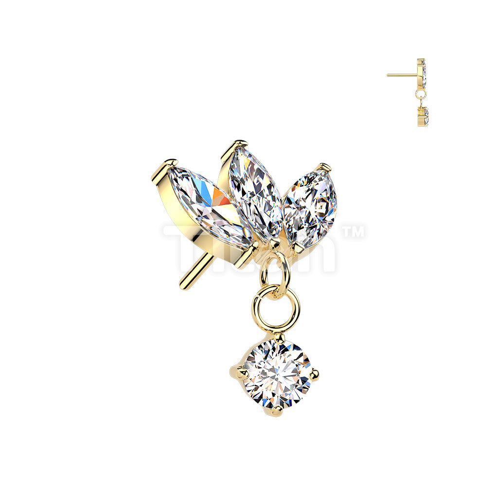 Titanium Threadless Push In Top Three Marquise CZ With Round CZ Dangle - Image 2