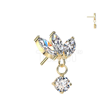 Titanium Threadless Push In Top Three Marquise CZ With Round CZ Dangle - Image 2
