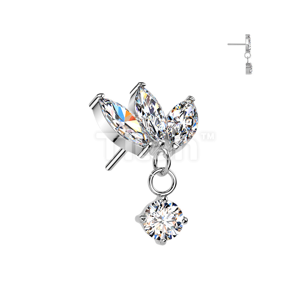Titanium Threadless Push In Top Three Marquise CZ With Round CZ Dangle - Image 3