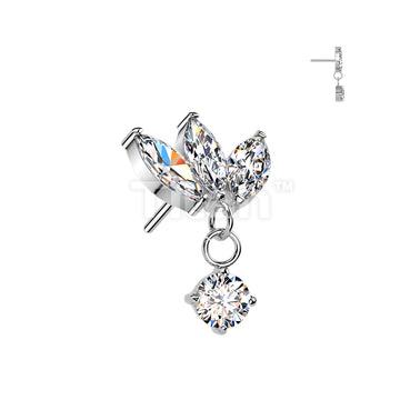 Titanium Threadless Push In Top Three Marquise CZ With Round CZ Dangle - Image 3