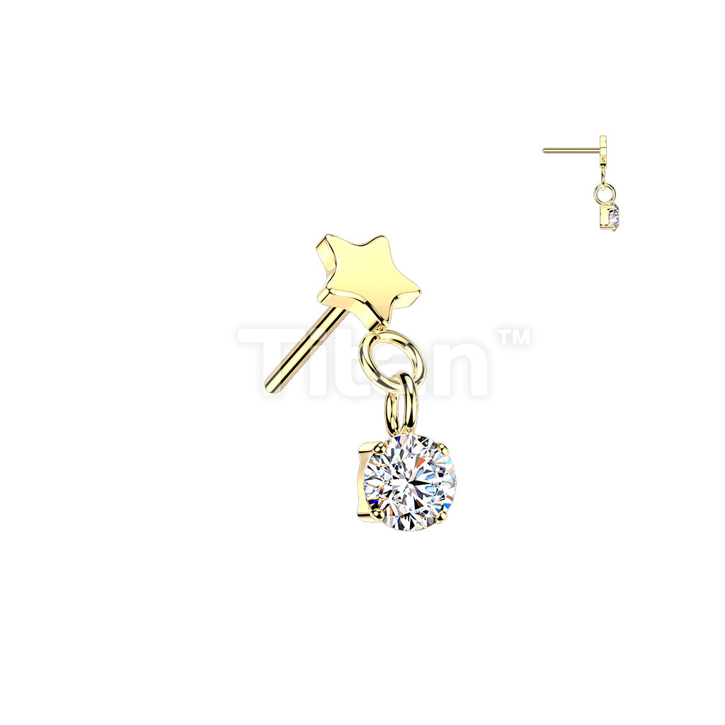 Titanium Threadless Push In Flat Star Top And Round CZ Dangle - Image 2