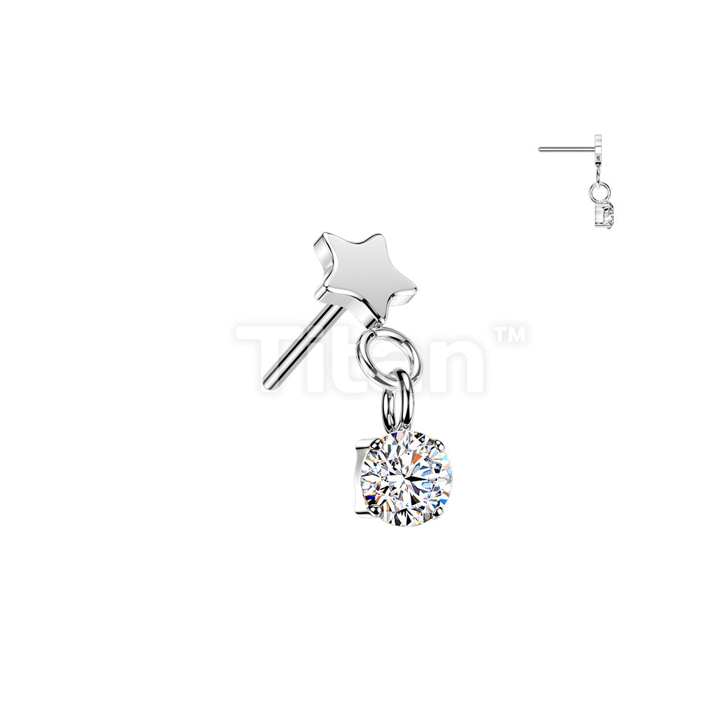 Titanium Threadless Push In Flat Star Top And Round CZ Dangle - Image 3