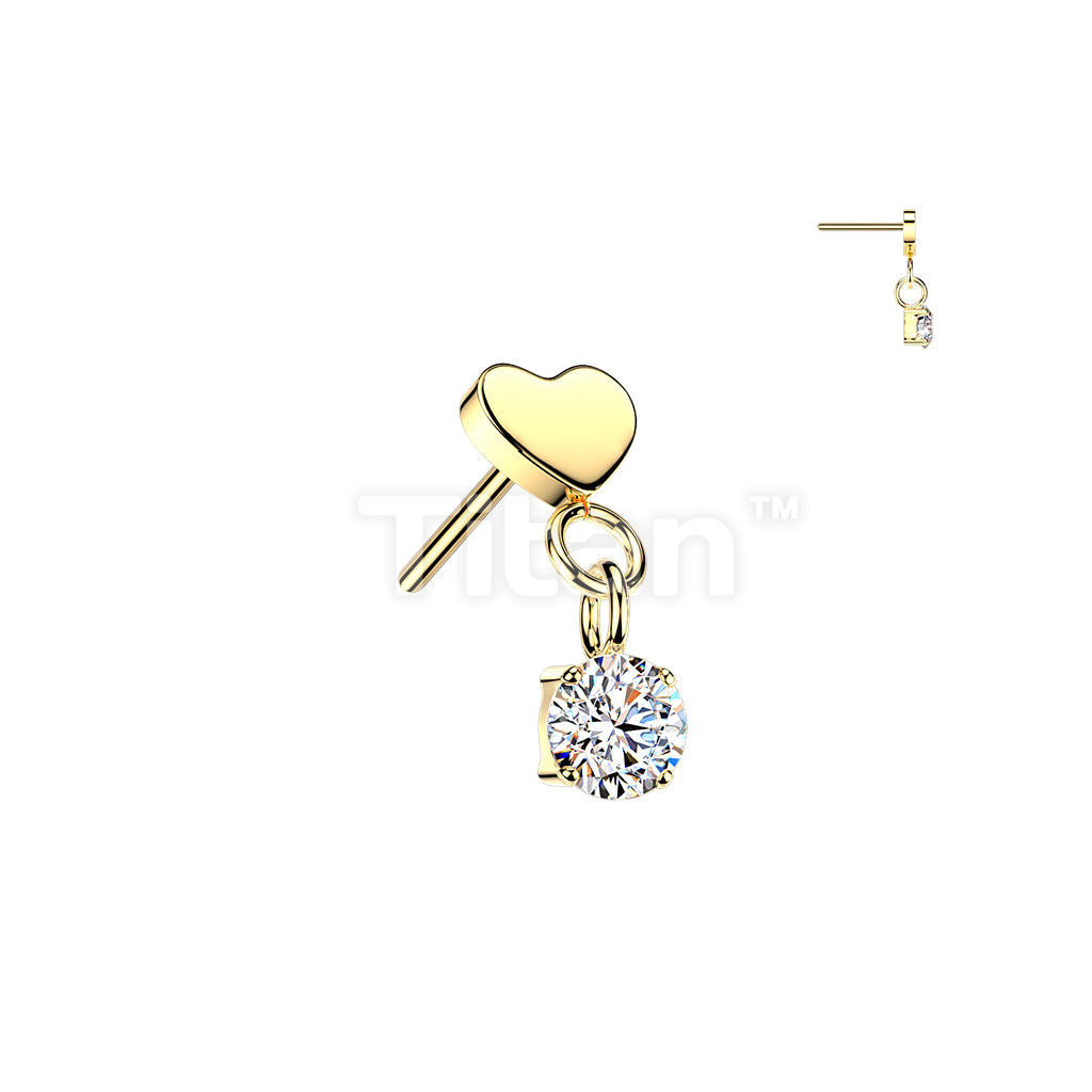 Titanium Threadless Push In Flat Heart Top And Round CZ Dangle - Image 2