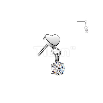 Titanium Threadless Push In Flat Heart Top And Round CZ Dangle - Image 3