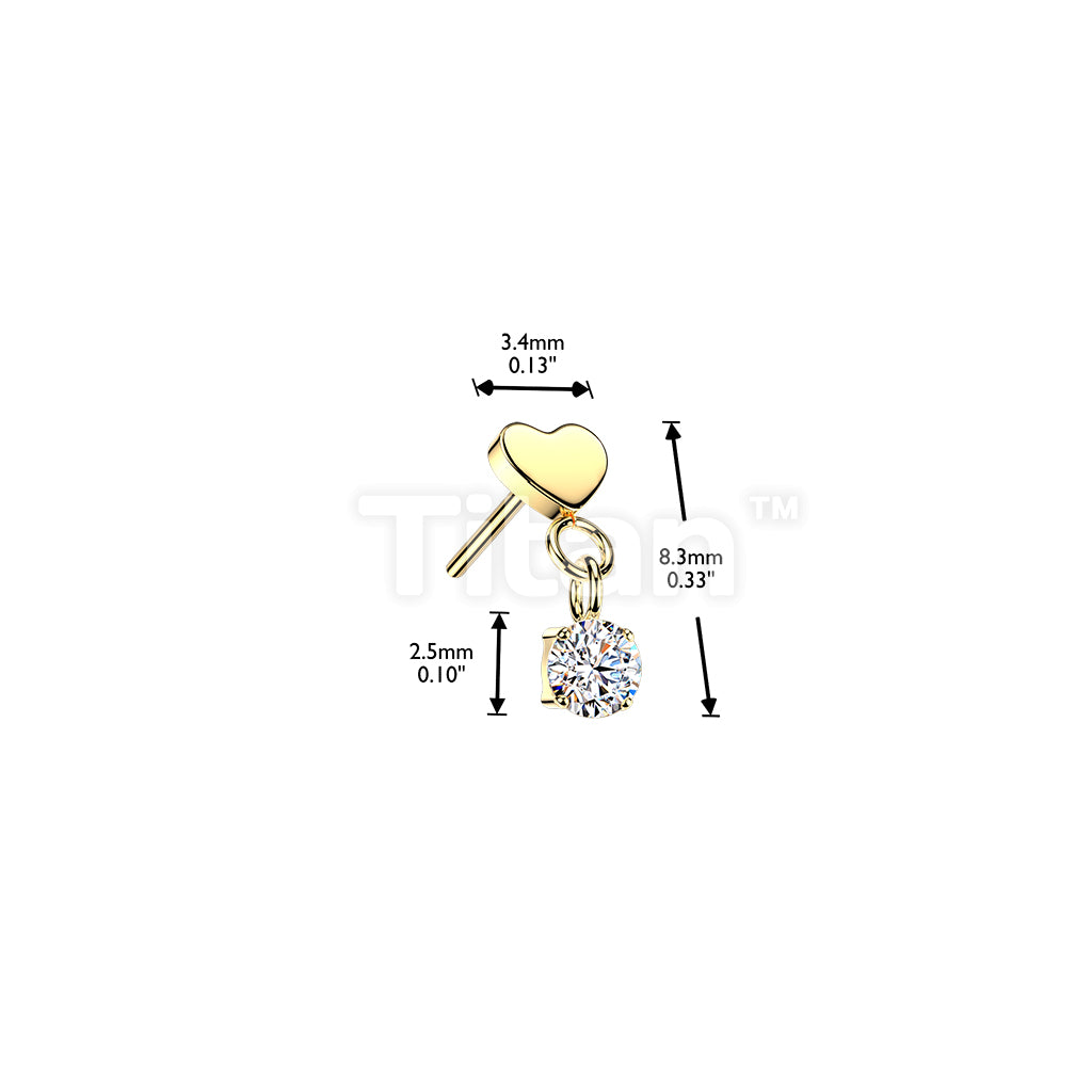 Titanium Threadless Push In Flat Heart Top And Round CZ Dangle - Image 4