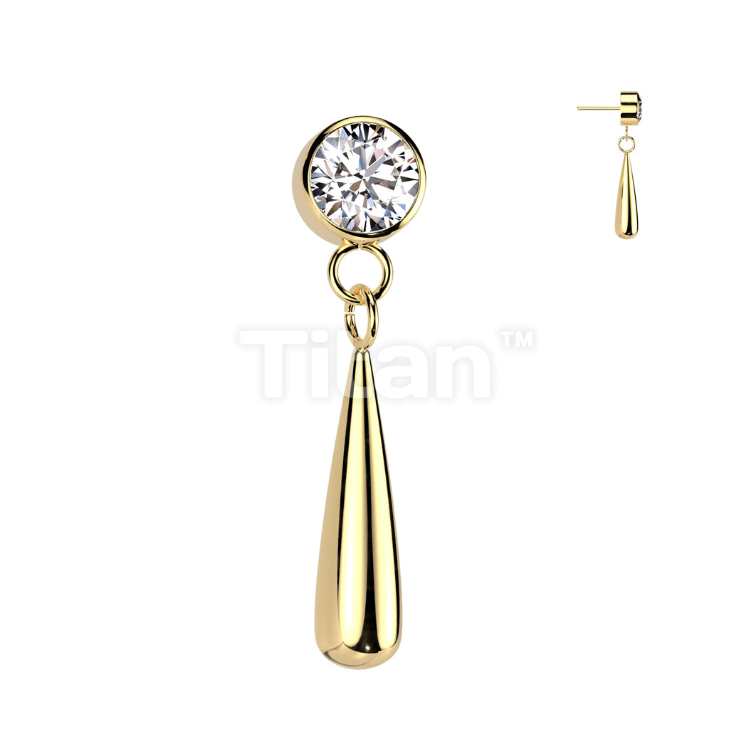 Implant Grade Titanium Threadless Push In CZ Bezel Set Top With Teardrop Dangle - Image 2