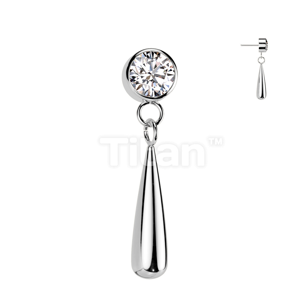 Implant Grade Titanium Threadless Push In CZ Bezel Set Top With Teardrop Dangle - Image 4