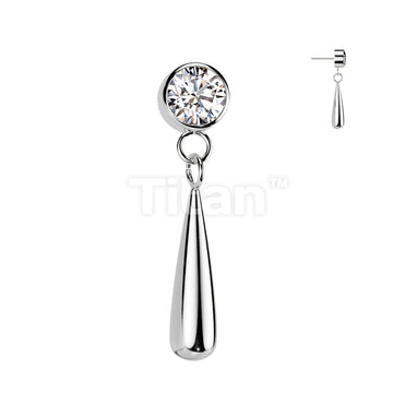 Implant Grade Titanium Threadless Push In CZ Bezel Set Top With Teardrop Dangle - Image 4