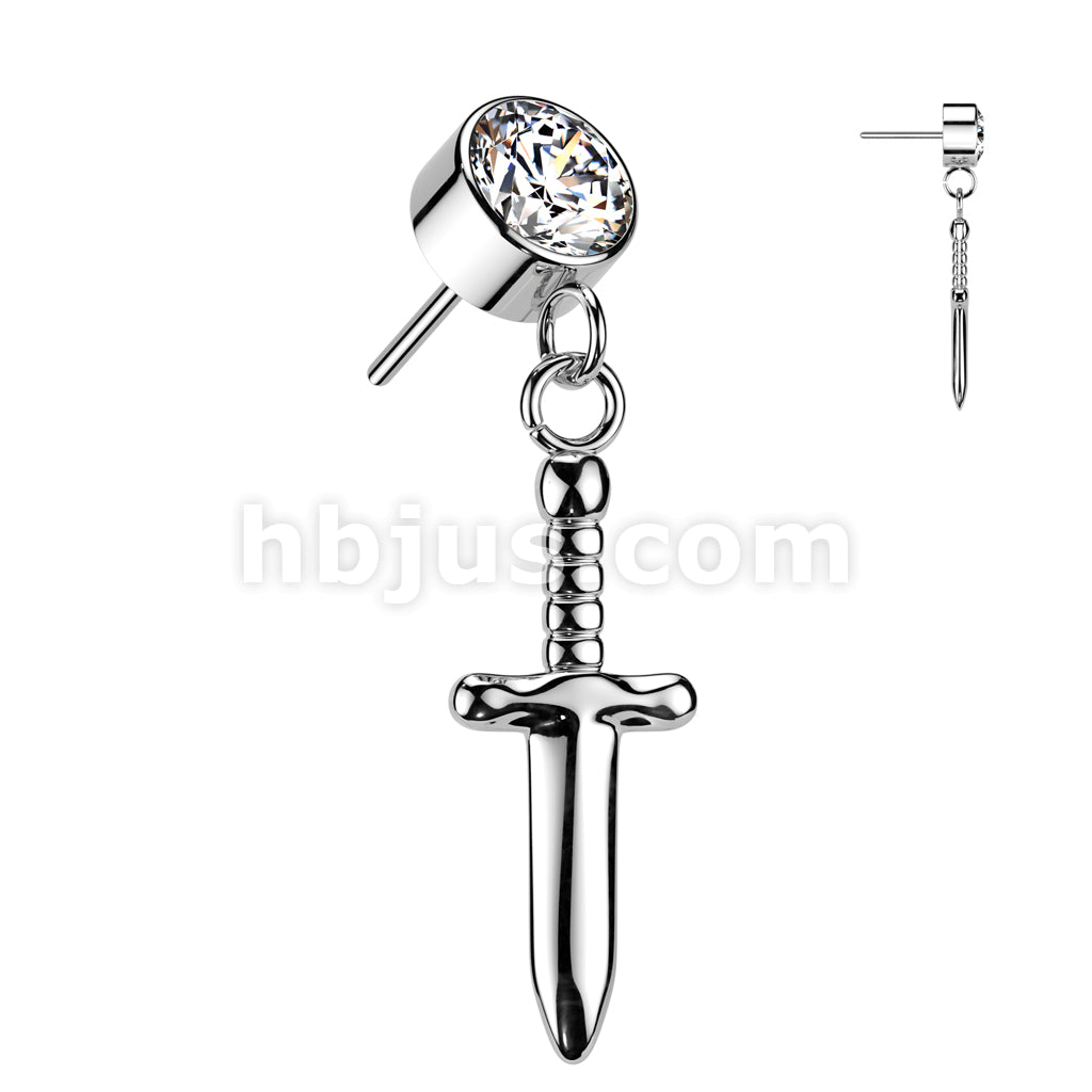 Implant Grade Titanium Threadless Push In Round Bezel Set CZ With Dagger Dangle Top - Image 2