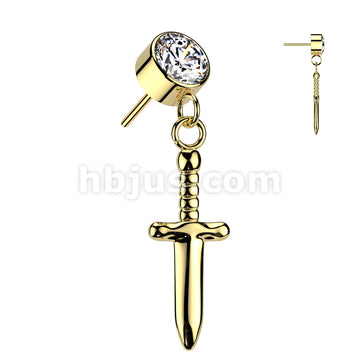 Implant Grade Titanium Threadless Push In Round Bezel Set CZ With Dagger Dangle Top - Image 3