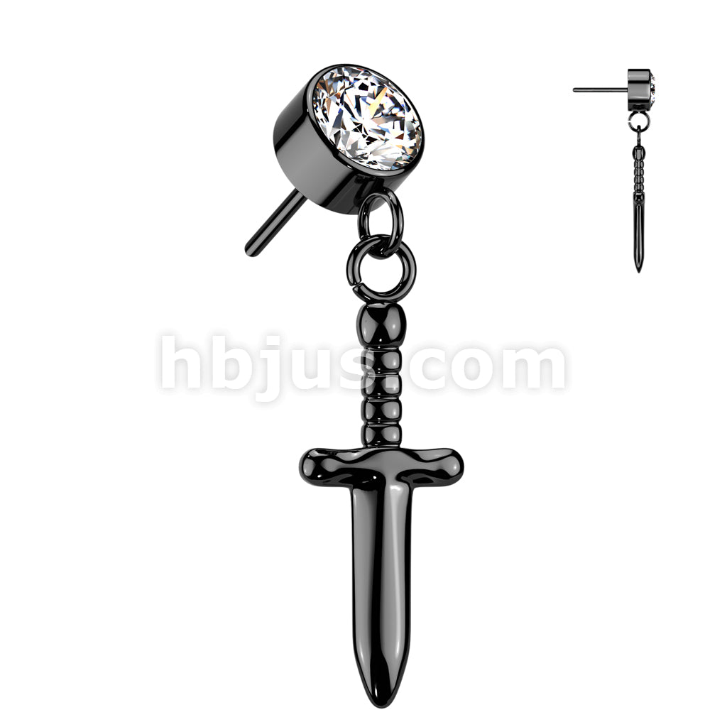 Implant Grade Titanium Threadless Push In Round Bezel Set CZ With Dagger Dangle Top - Image 4