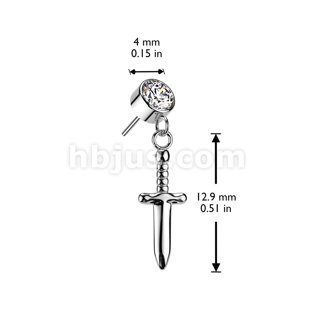 Implant Grade Titanium Threadless Push In Round Bezel Set CZ With Dagger Dangle Top - Image 5