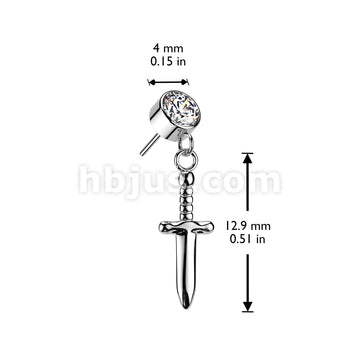Implant Grade Titanium Threadless Push In Round Bezel Set CZ With Dagger Dangle Top - Image 5