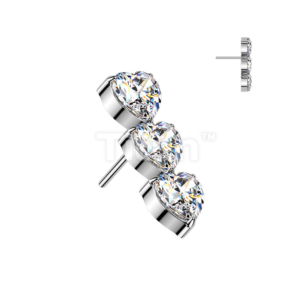Titanium Threadless Push In Triple Vertical CZ Heart Top - Image 3