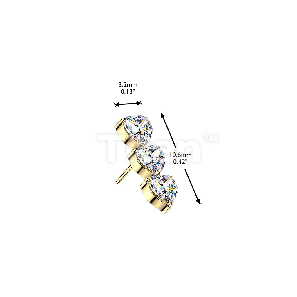 Titanium Threadless Push In Triple Vertical CZ Heart Top - Image 5