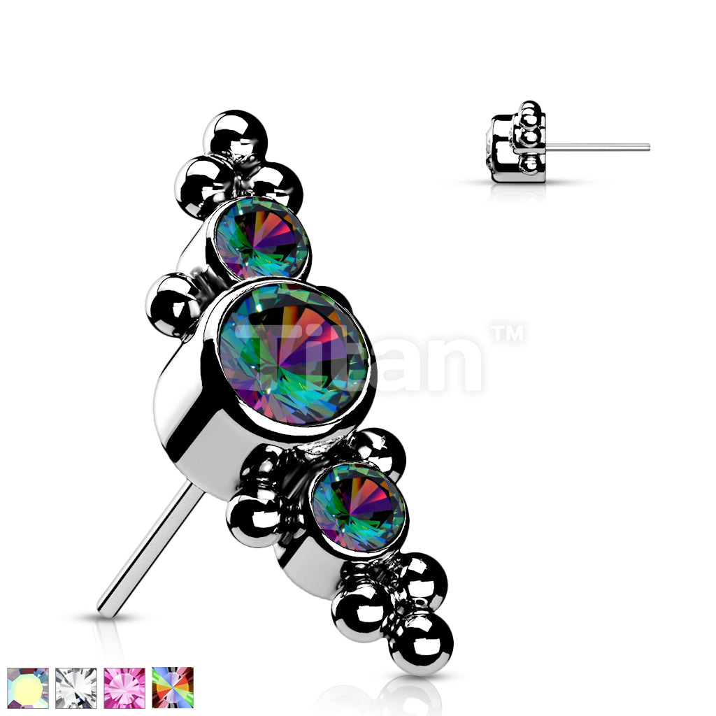 Implant Grade Titanium Threadless Push In Top With 3 Bezel Set CZs and Ball Clusters - Image 2