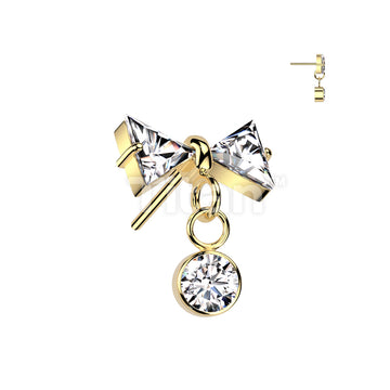 Implant Grade Titanium Threadless Push In CZ Bowtie Top With Bezel Set CZ Dangle  - Image 3